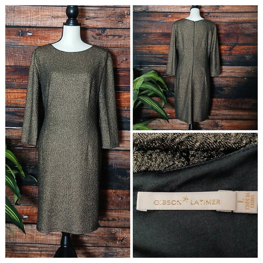 Gibson Latimer Dress L Vintage Sheath Metallic Bronze 3/4 Length Sleeves Zip